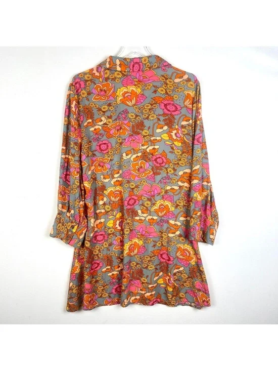 Natural Life Twiggy Vibrant Floral Button-Up Tunic Shirt Dress Pink & Mustard - Picture 7 of 14